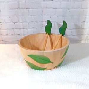 CLAY Art  Hand  Painted‎ & Carved Wooden Salad  Bowl /W Utensils